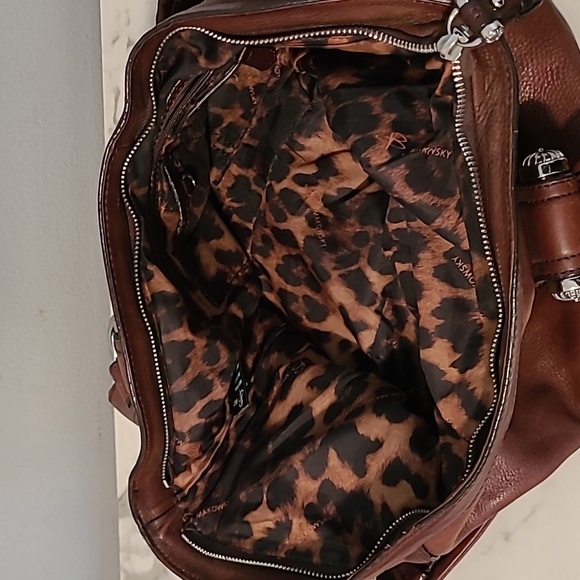 B. Makowsky Brown Leather Shoulder Bag Satchel Purse Leopard Print Lined Large - Picture 11 of 16